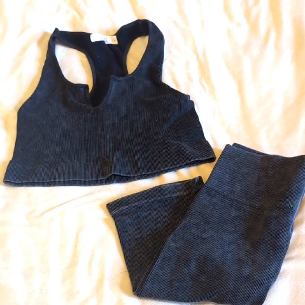 Washed Ribbed Biker Short Set In Washed Black
